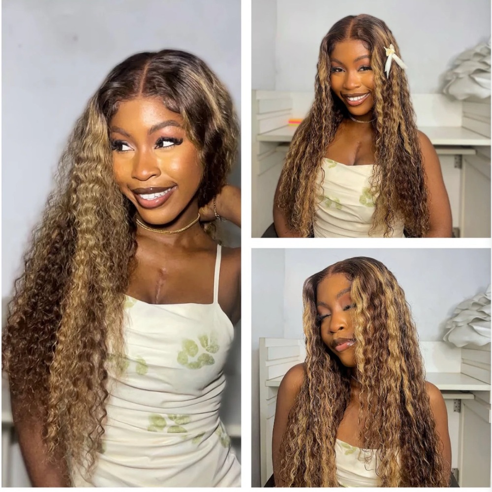 FABA 18” Lace Glueless Curly Human Hair Wig Natural Look Brown w/ Highlights